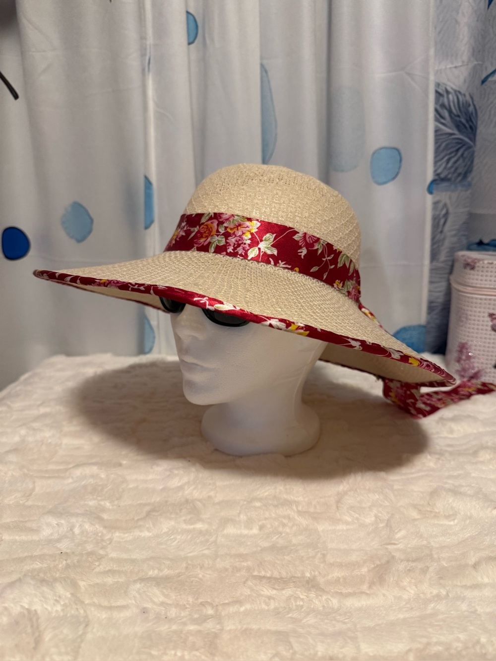 Women’s Wide Brim Sun Hat (22.5”) Beige Floral Ribbon Beach Garden Cottagecore